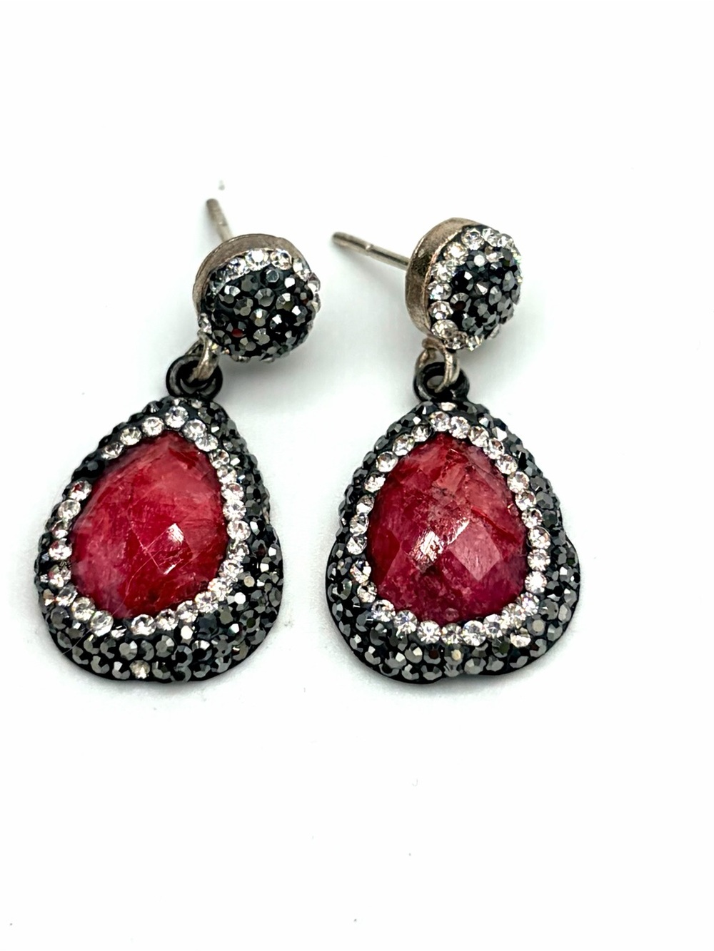 Vintage Raw Ruby Teardrop with Black Pave Halo in Sterling Silver Drop Earrings